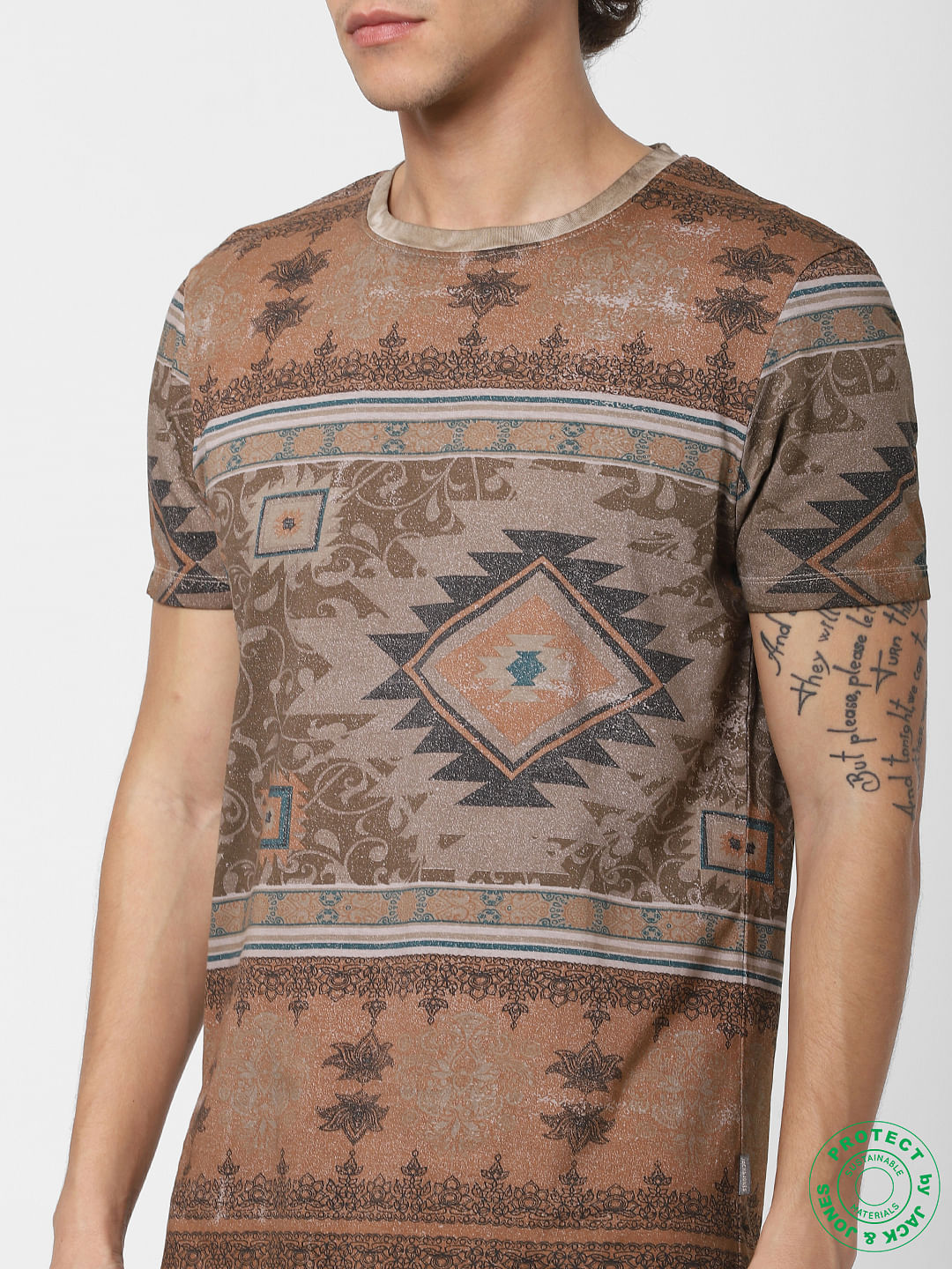 Brown Abstract Print Crew Neck T-shirt