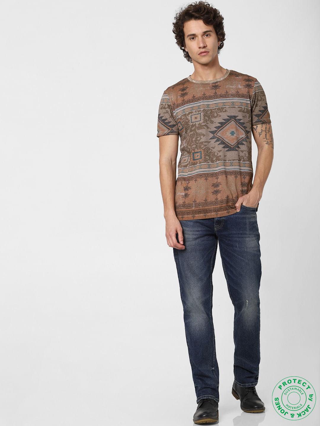 Brown Abstract Print Crew Neck T-shirt