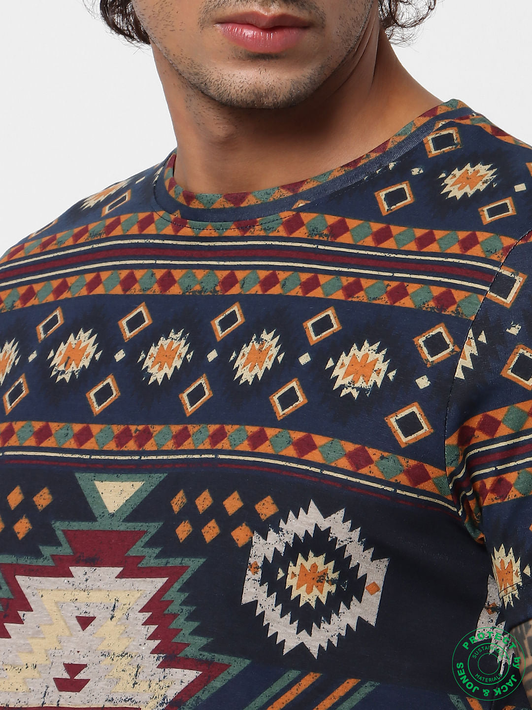 Navy Blue All Over Print Crew Neck T-Shirt