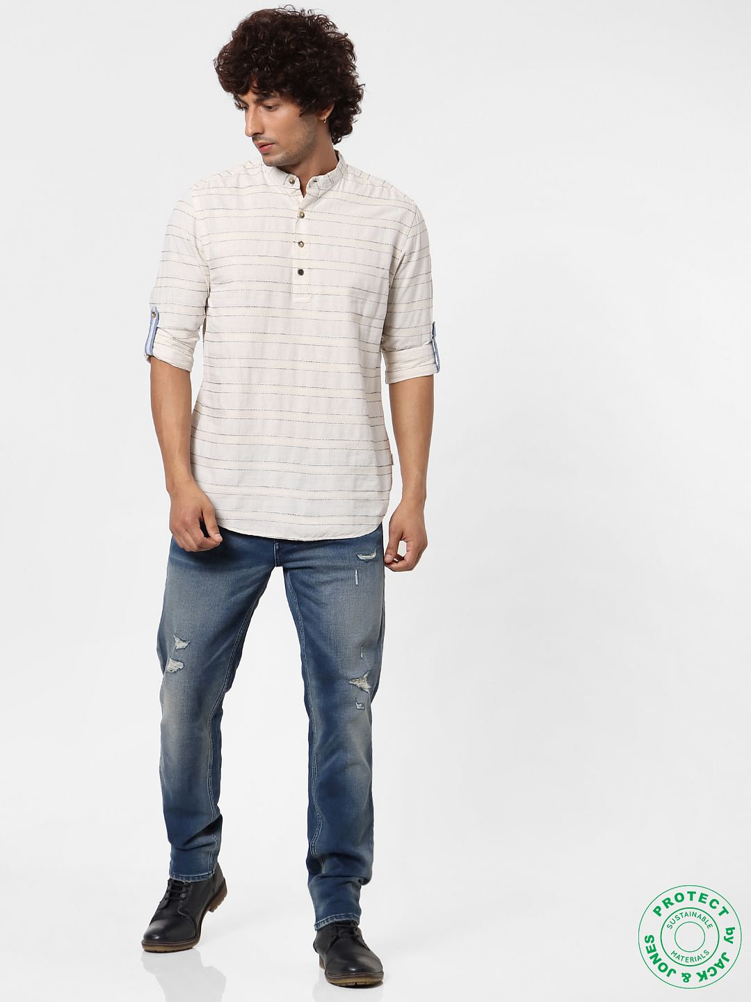 Beige Full Sleeves Striped Linen Shirt