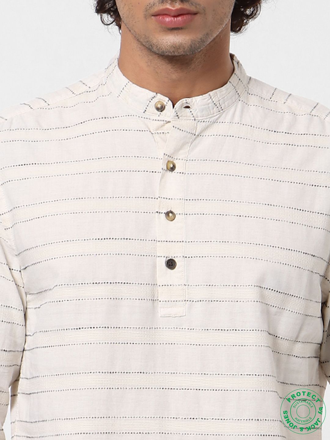Beige Full Sleeves Striped Linen Shirt