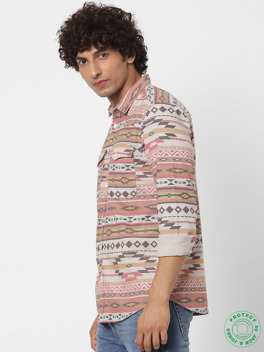 Beige Full Sleeves All Over Print Shirt