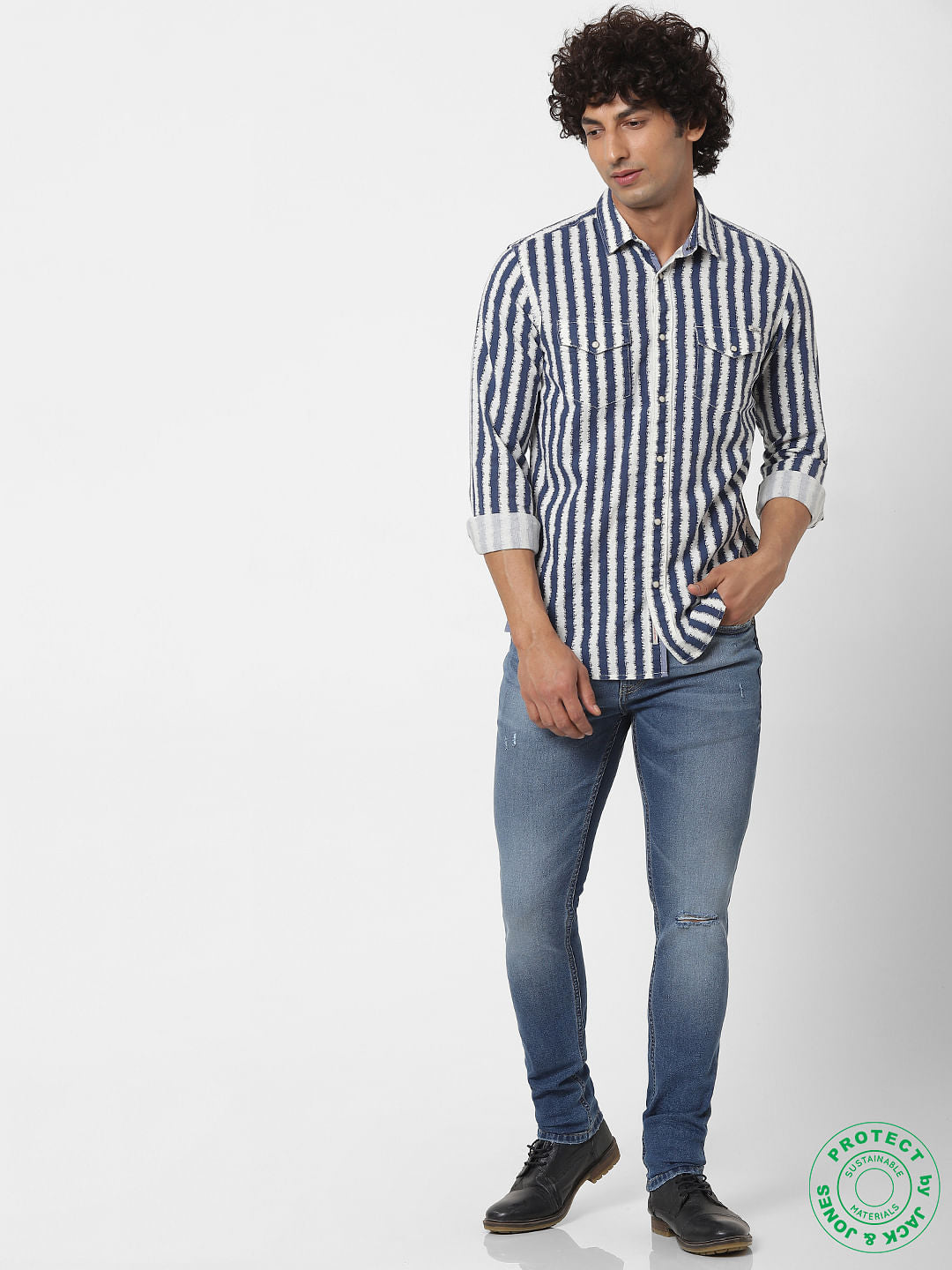 Blue Striped Full Sleeves Shirt