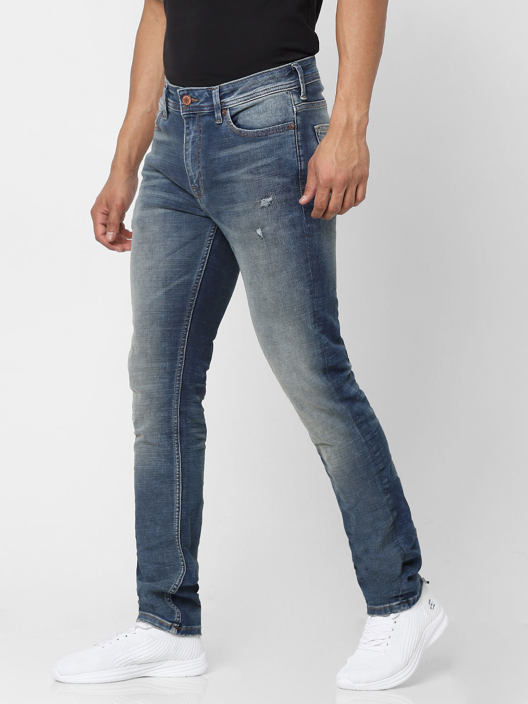 Blue Mid Rise Ben Skinny Fit Ripped Jeans