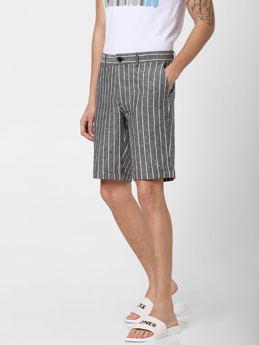 Grey Low Rise Striped Chino Shorts