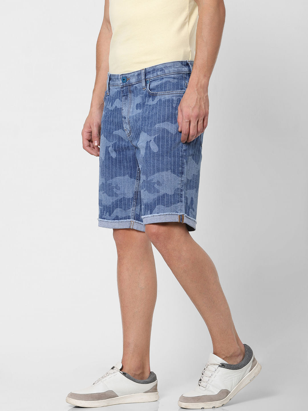 Blue Low Rise Striped Denim Shorts