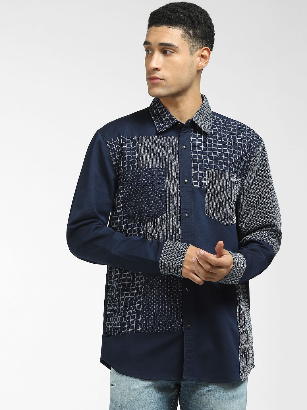 Blue Cut & Dew Patchwork Denim Shirt