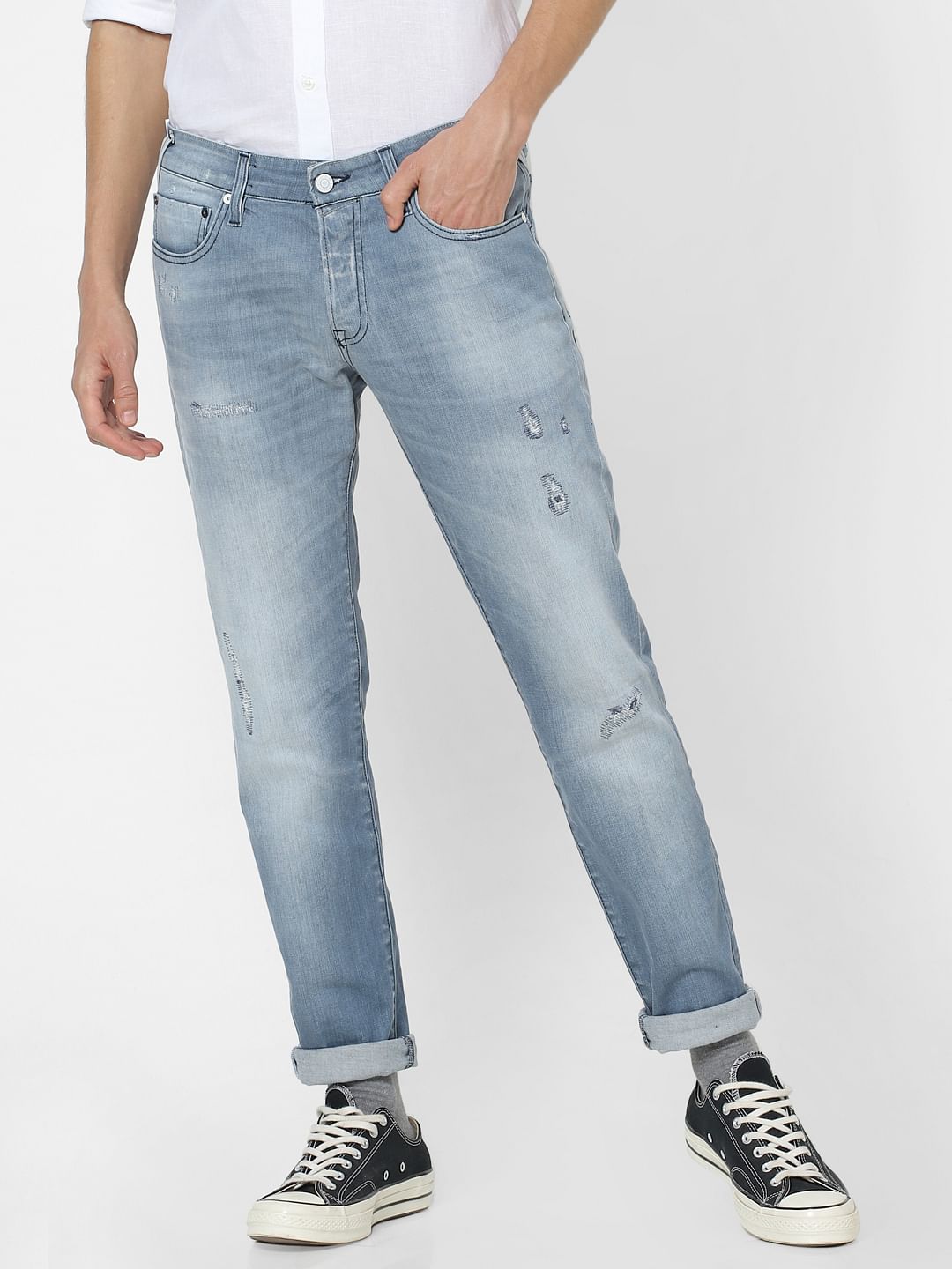 Blue Low Rise Glenn Distressed Slim Fit Jeans