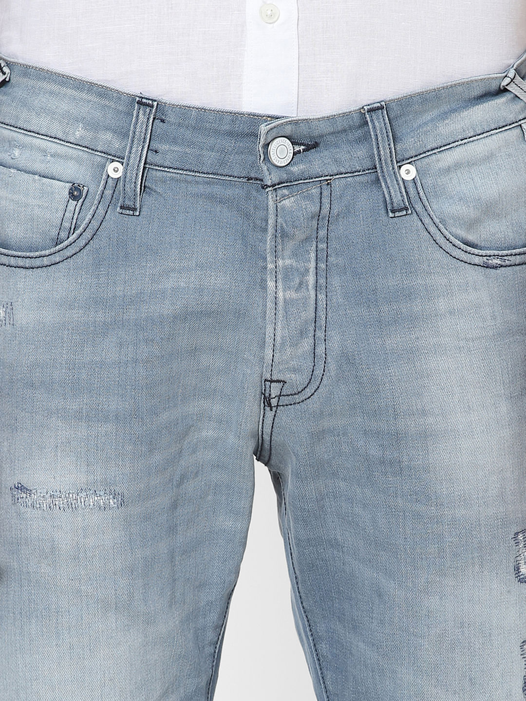 Blue Low Rise Glenn Distressed Slim Fit Jeans
