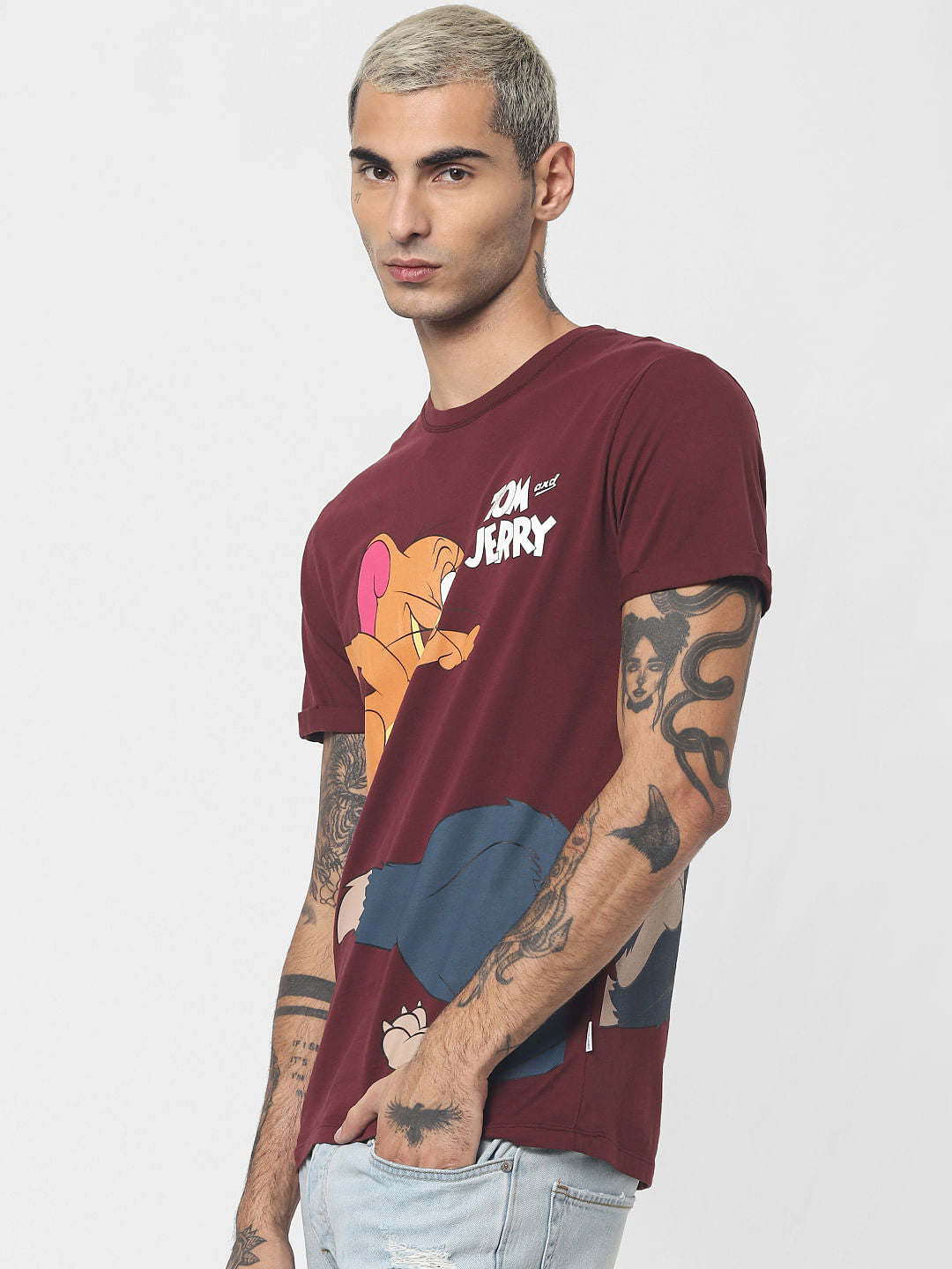 X Tom & Jerry Maroon Printed Crew Neck T-shirt