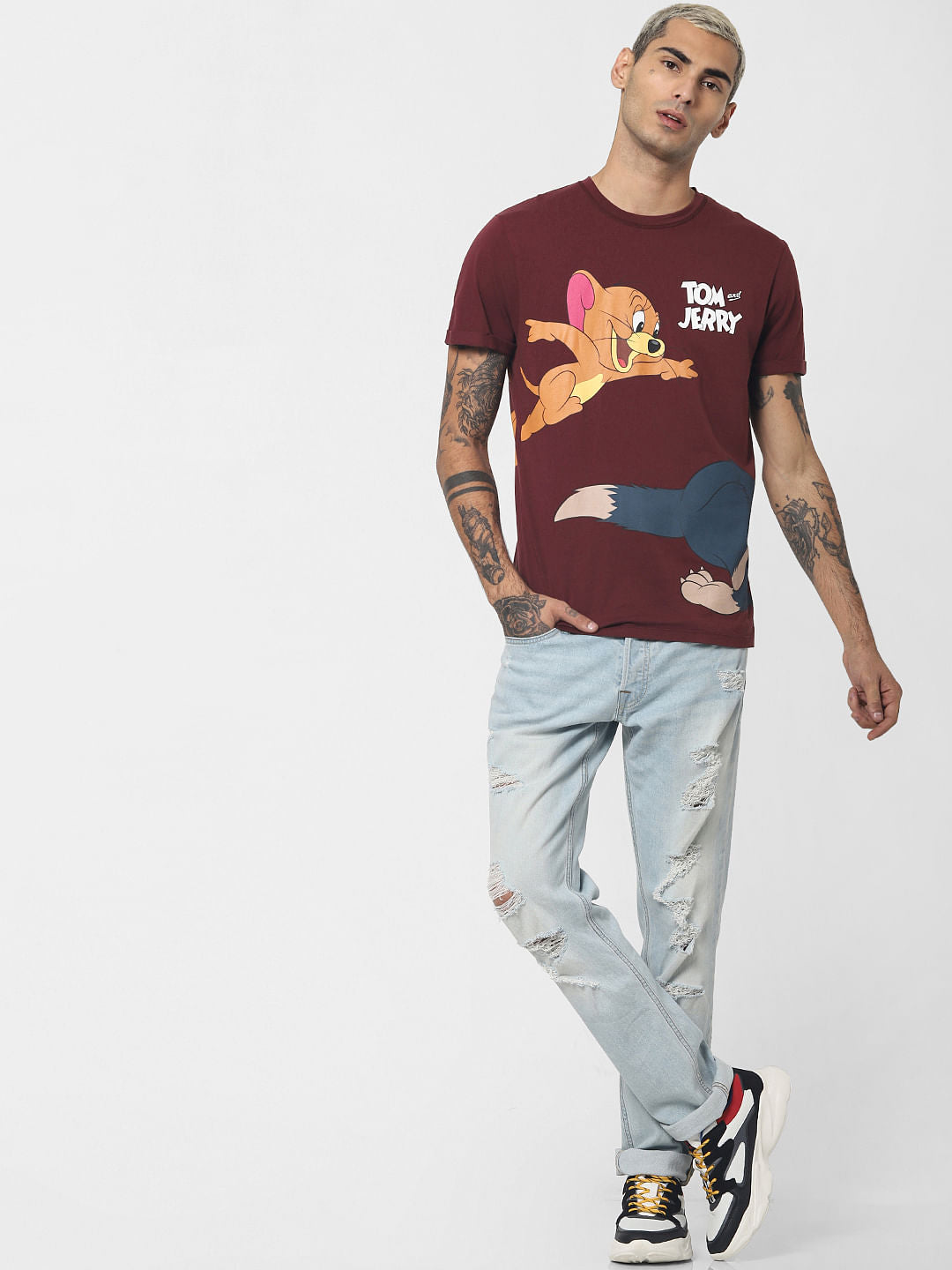 X Tom & Jerry Maroon Printed Crew Neck T-shirt