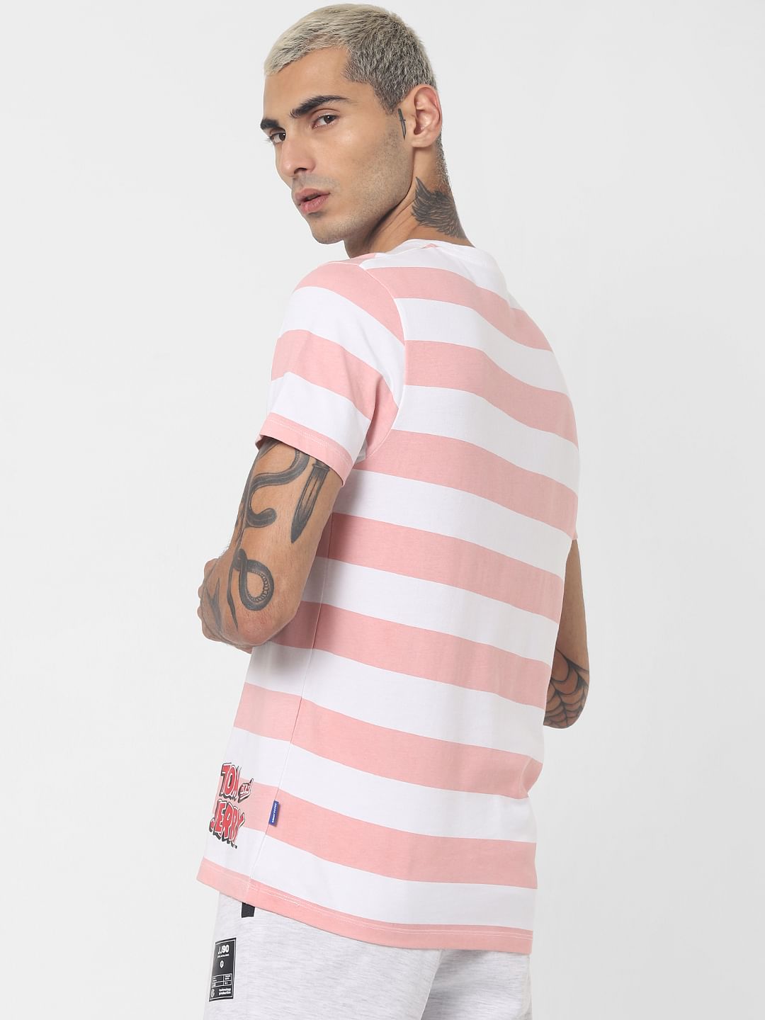 X Tom & Jerry Pink Striped Crew Neck T-shirt