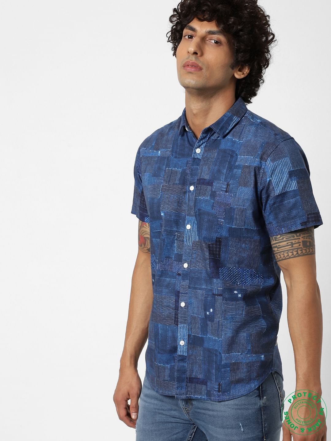 Blue All Over Patchwork Print Short Sleeves Shirt