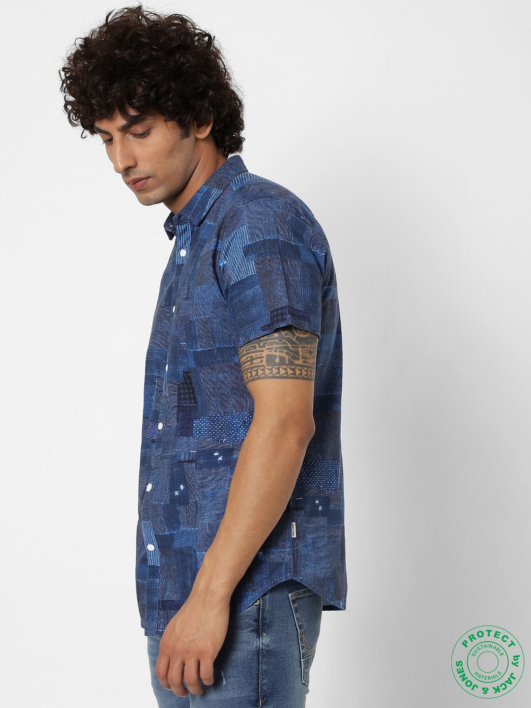Blue All Over Patchwork Print Short Sleeves Shirt