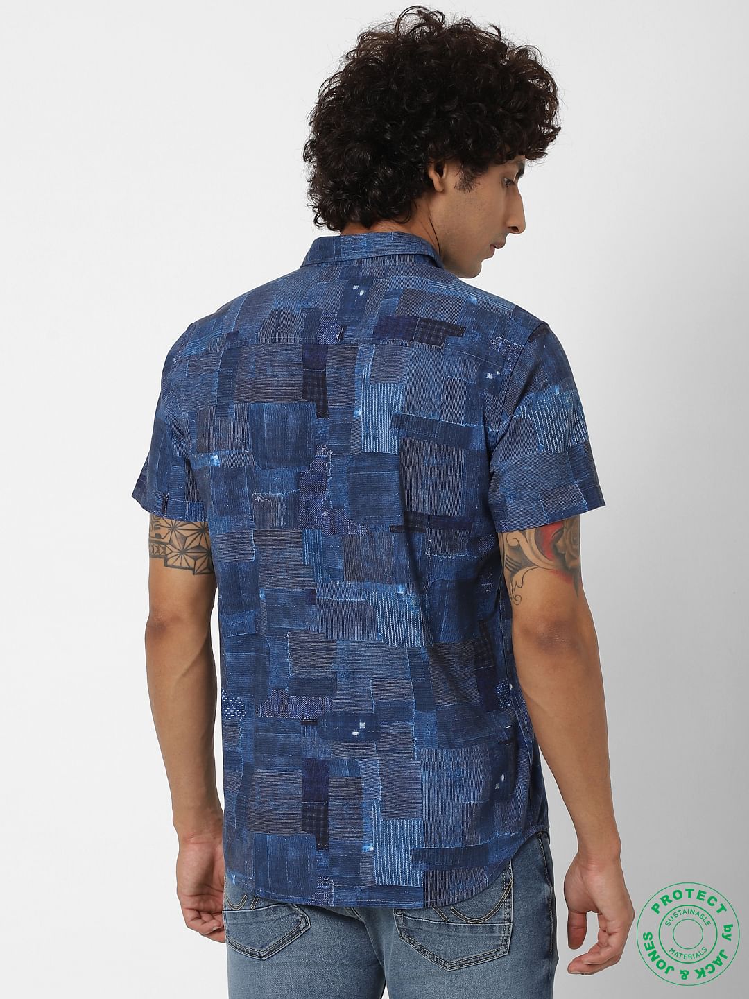Blue All Over Patchwork Print Short Sleeves Shirt