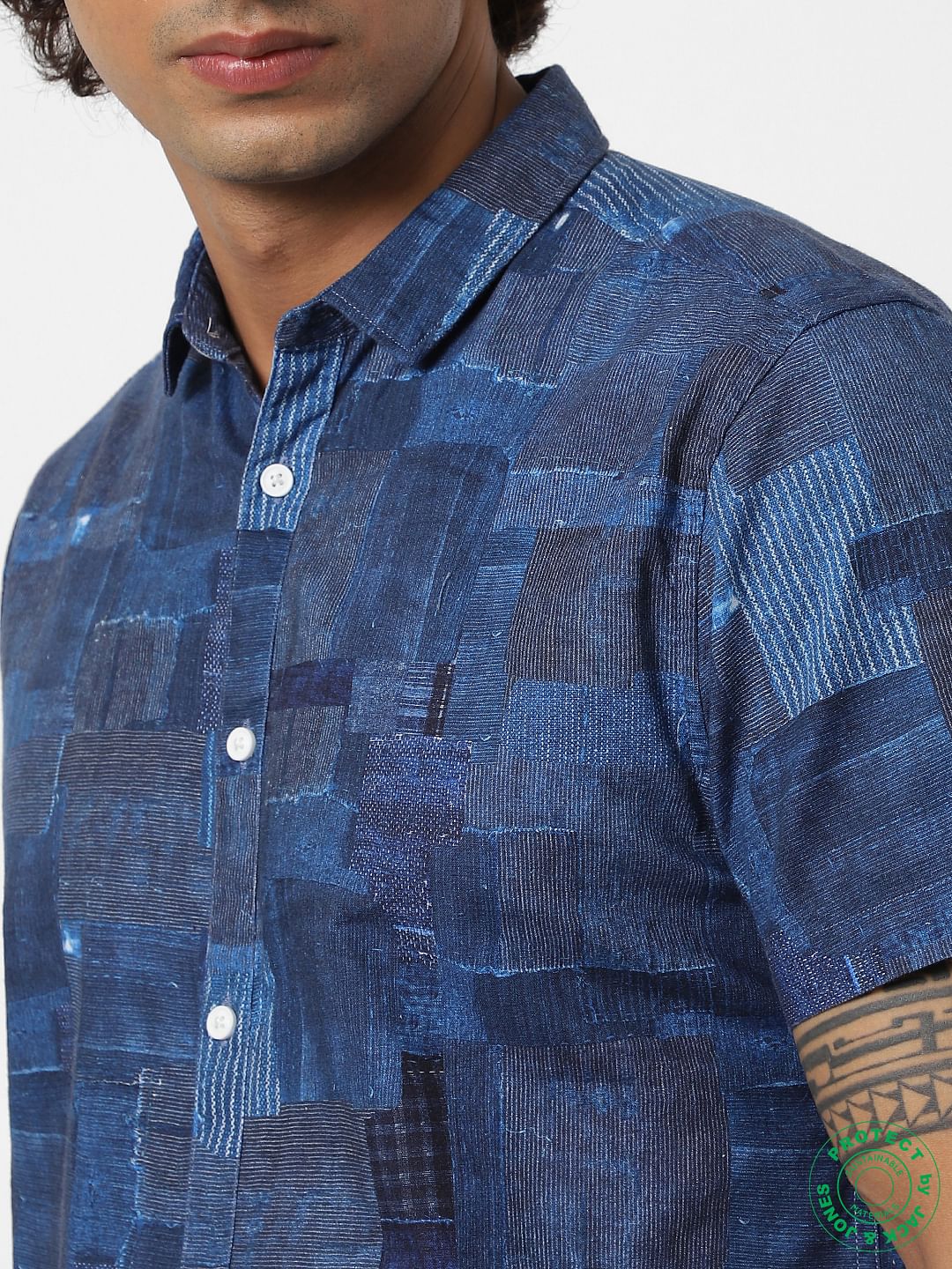 Blue All Over Patchwork Print Short Sleeves Shirt