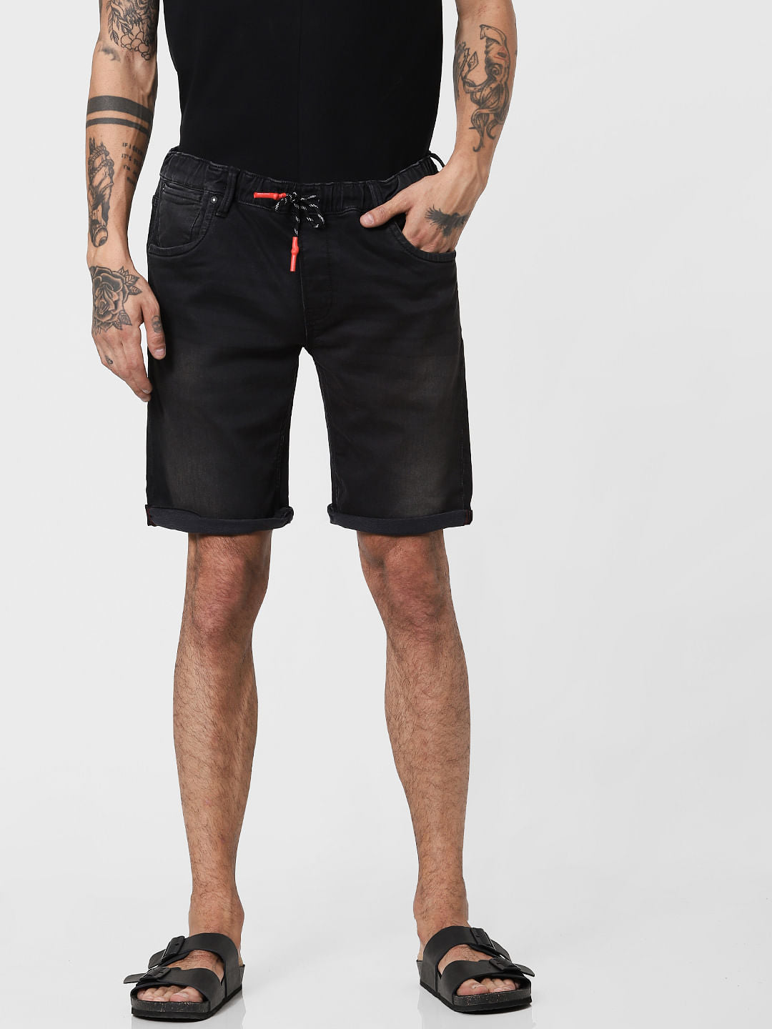 Black Low Rise Washed Denim Shorts
