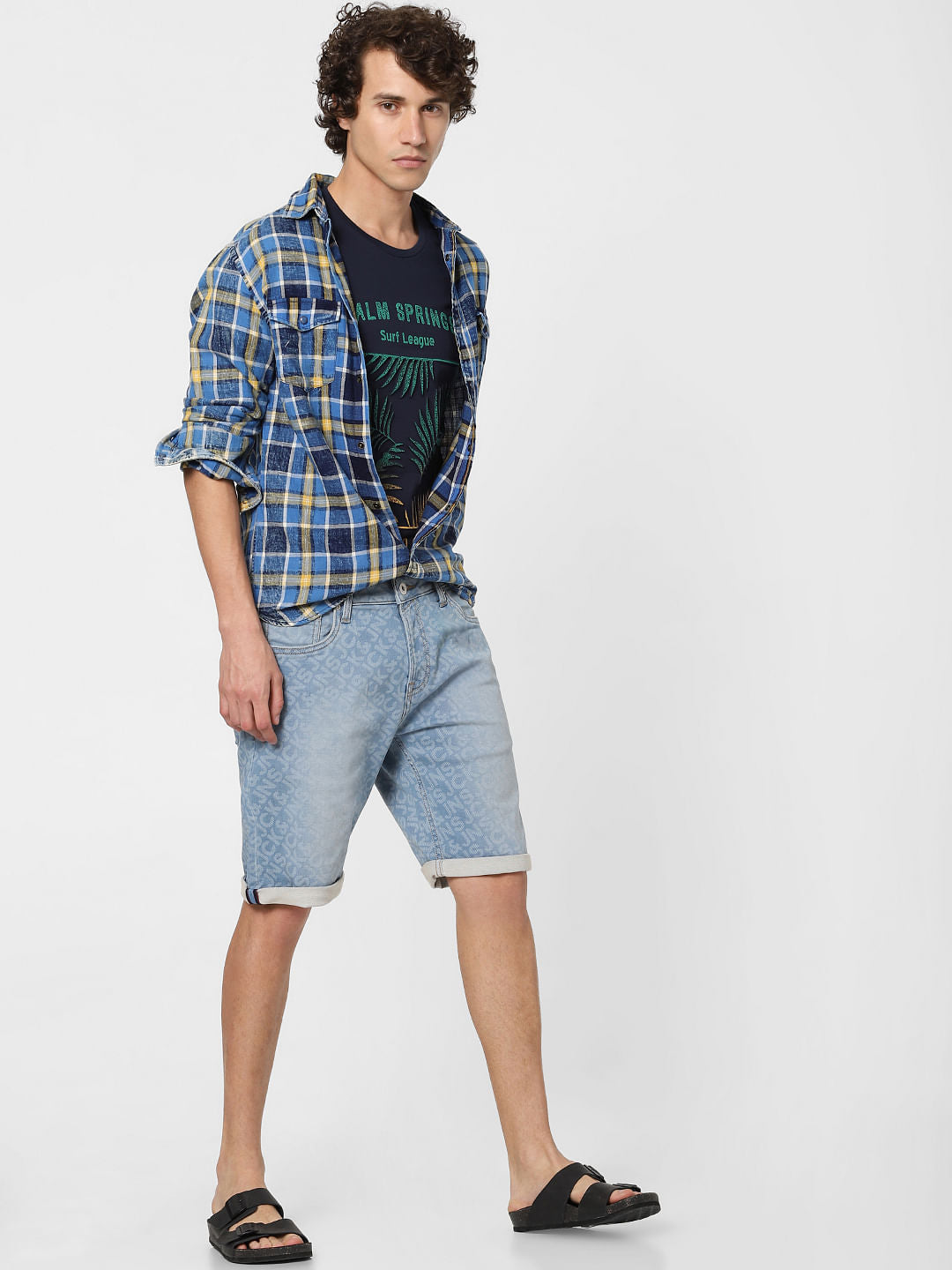 Blue Low Rise Printed Denim Shorts