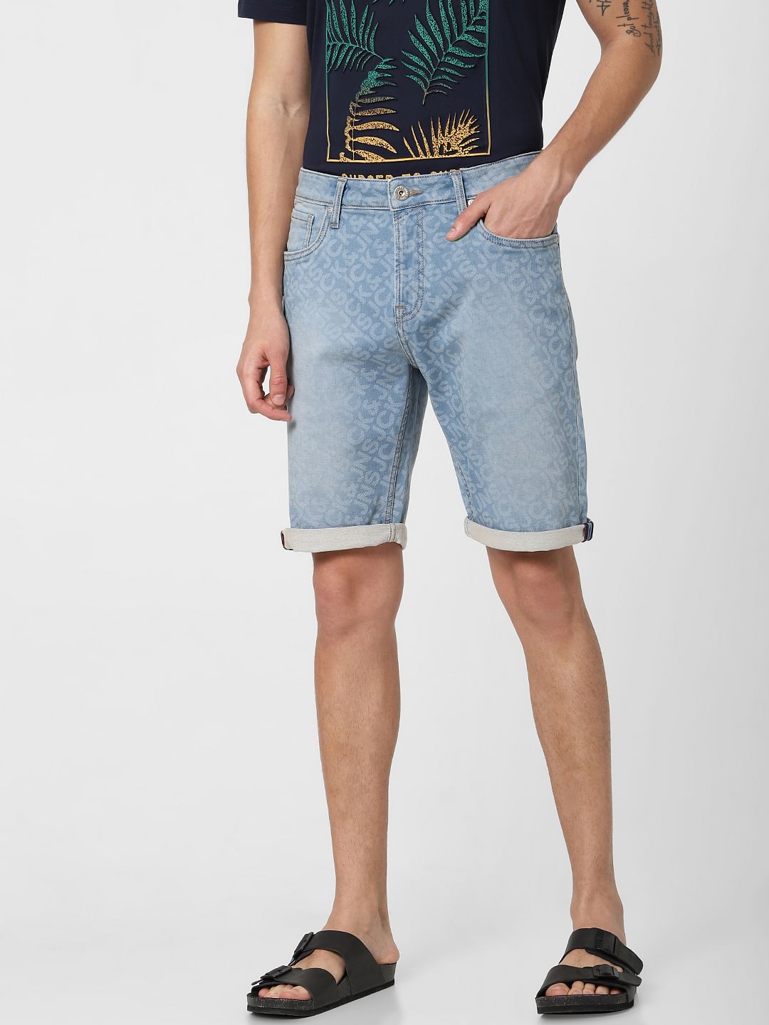 Blue Low Rise Printed Denim Shorts