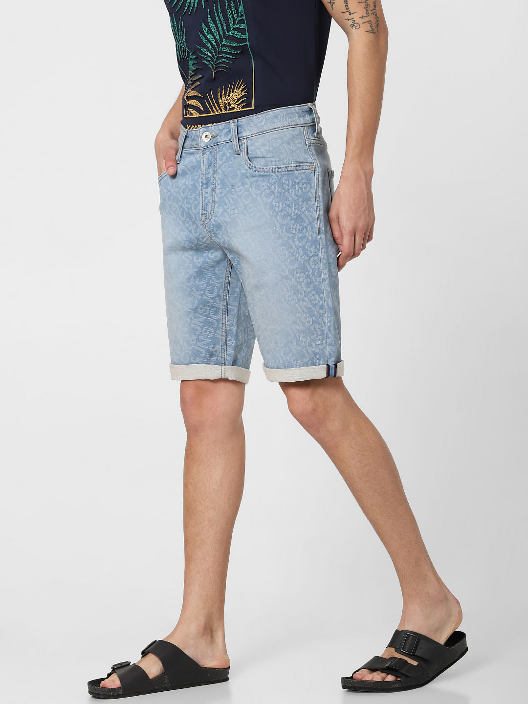 Blue Low Rise Printed Denim Shorts