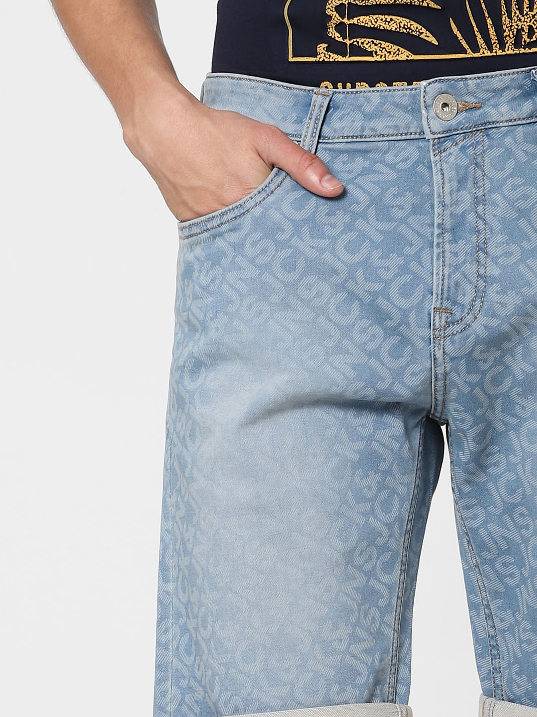 Blue Low Rise Printed Denim Shorts