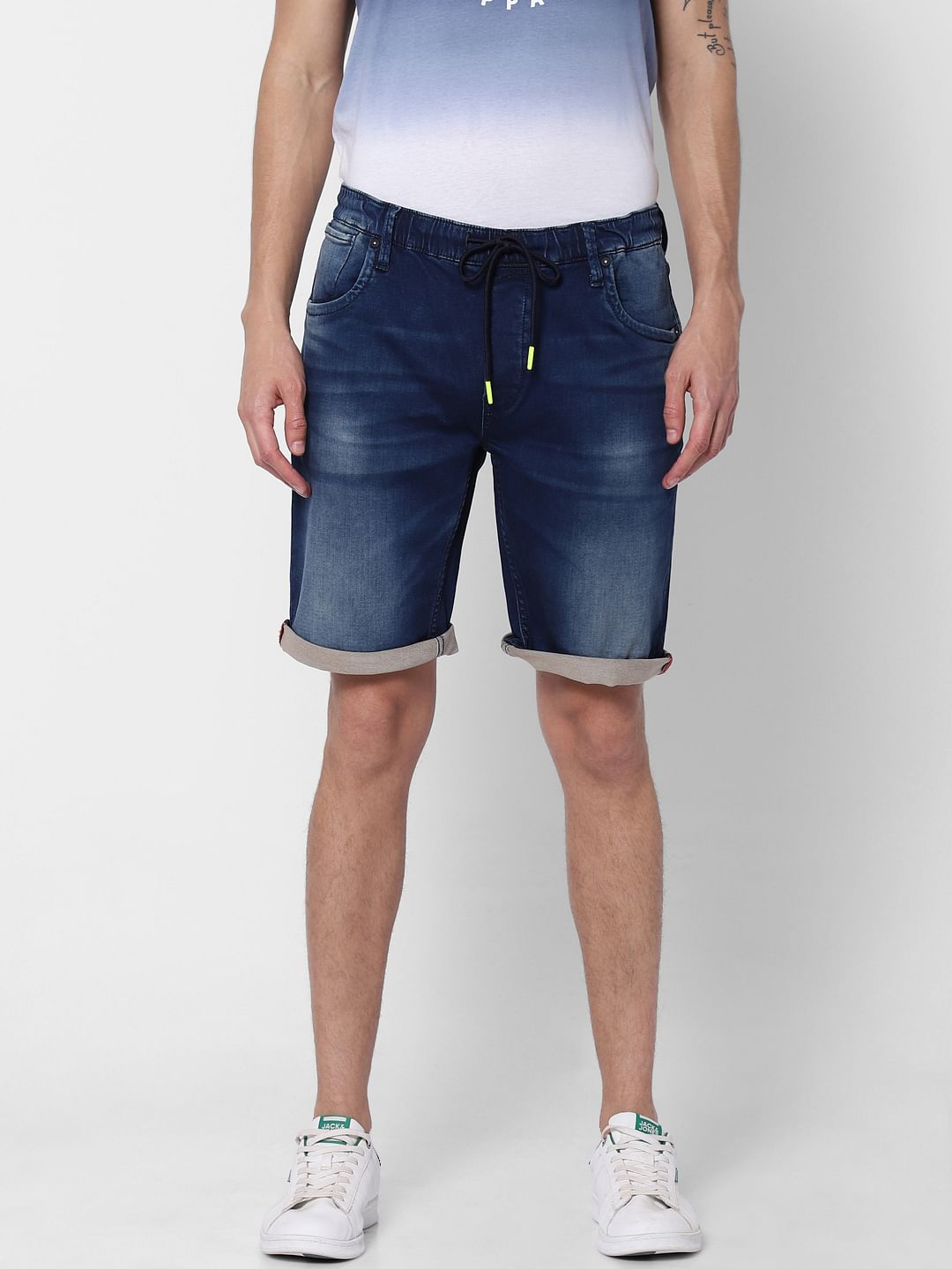 Dark Blue Washed Mid Rise Denim Shorts