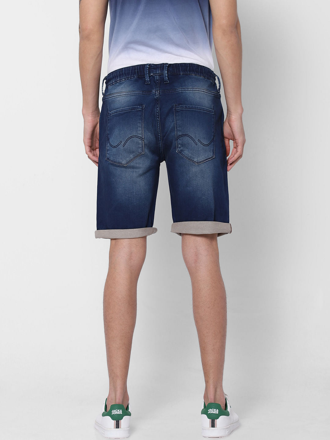 Dark Blue Washed Mid Rise Denim Shorts
