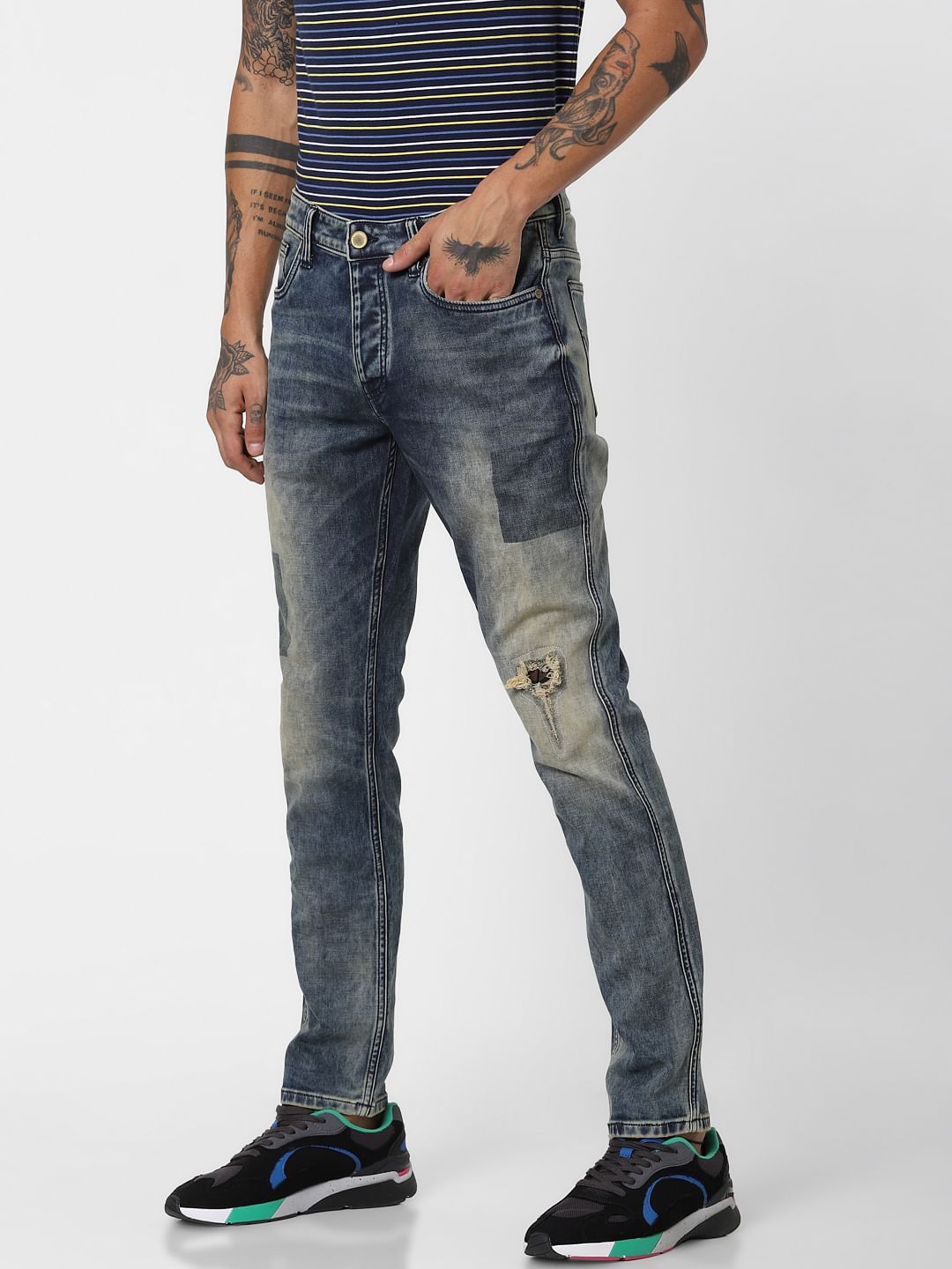 Blue Low Rise Distressed Glenn Slim Jeans