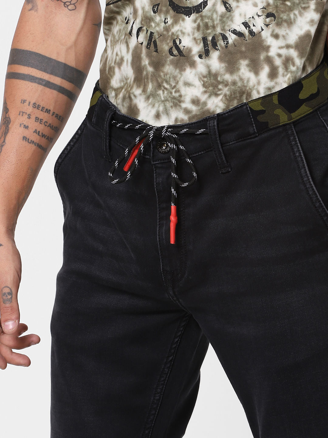 Black Low Rise Camo Detail Ben Skinny Jeans