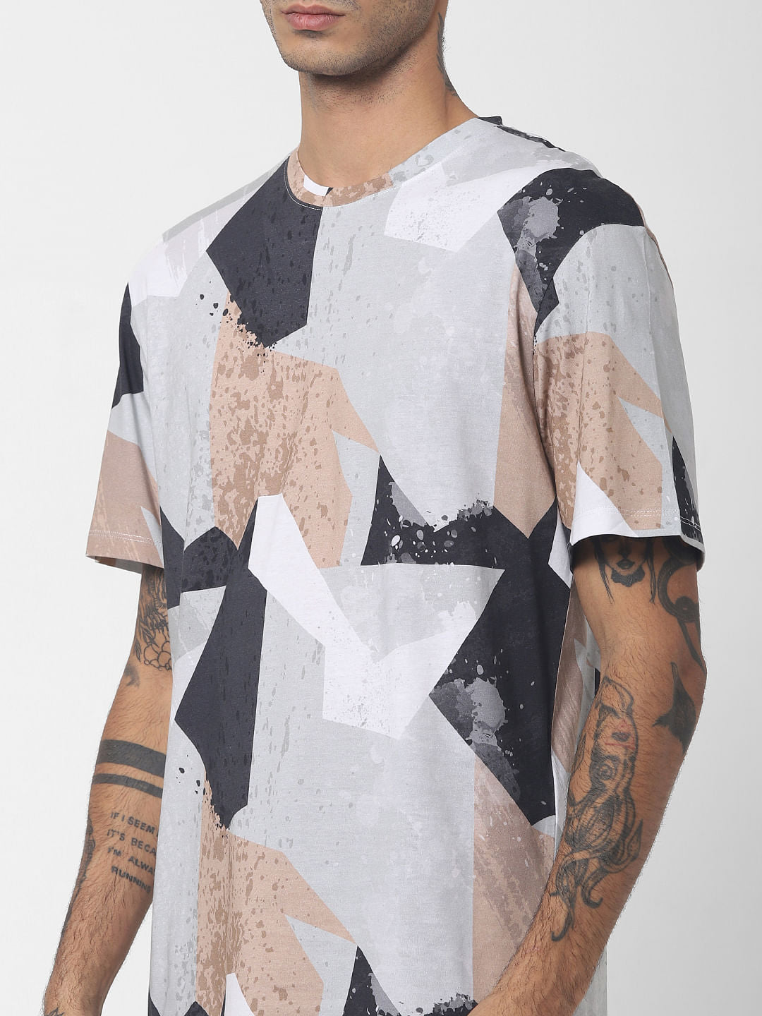 White Geometric Print Crew Neck T-shirt