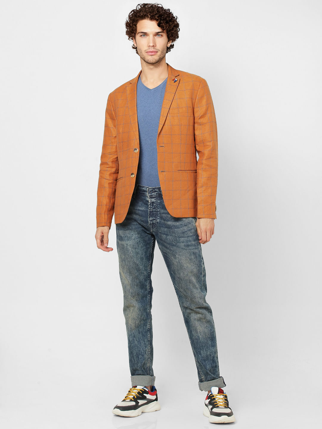 Orange Check Slim Fit Blazer Linen Blazer