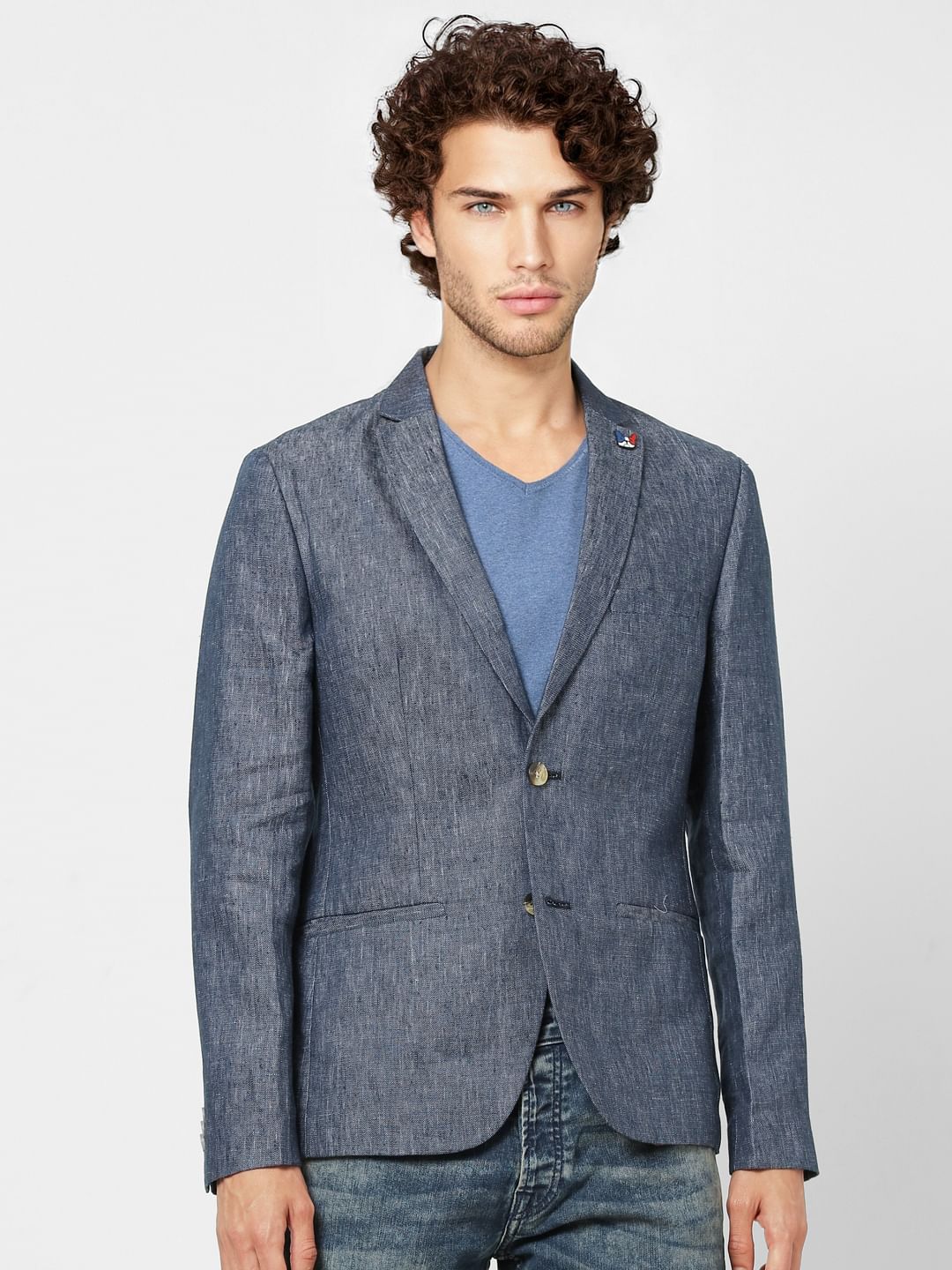 Blue Textured Slim Fit Linen Blazer