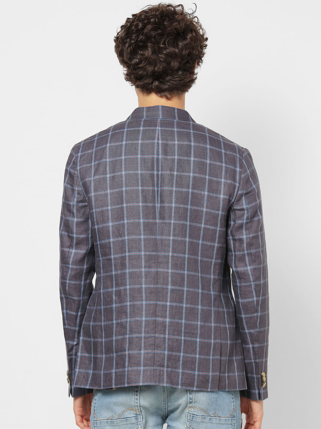 Grey Check Slim Fit Linen Blazer