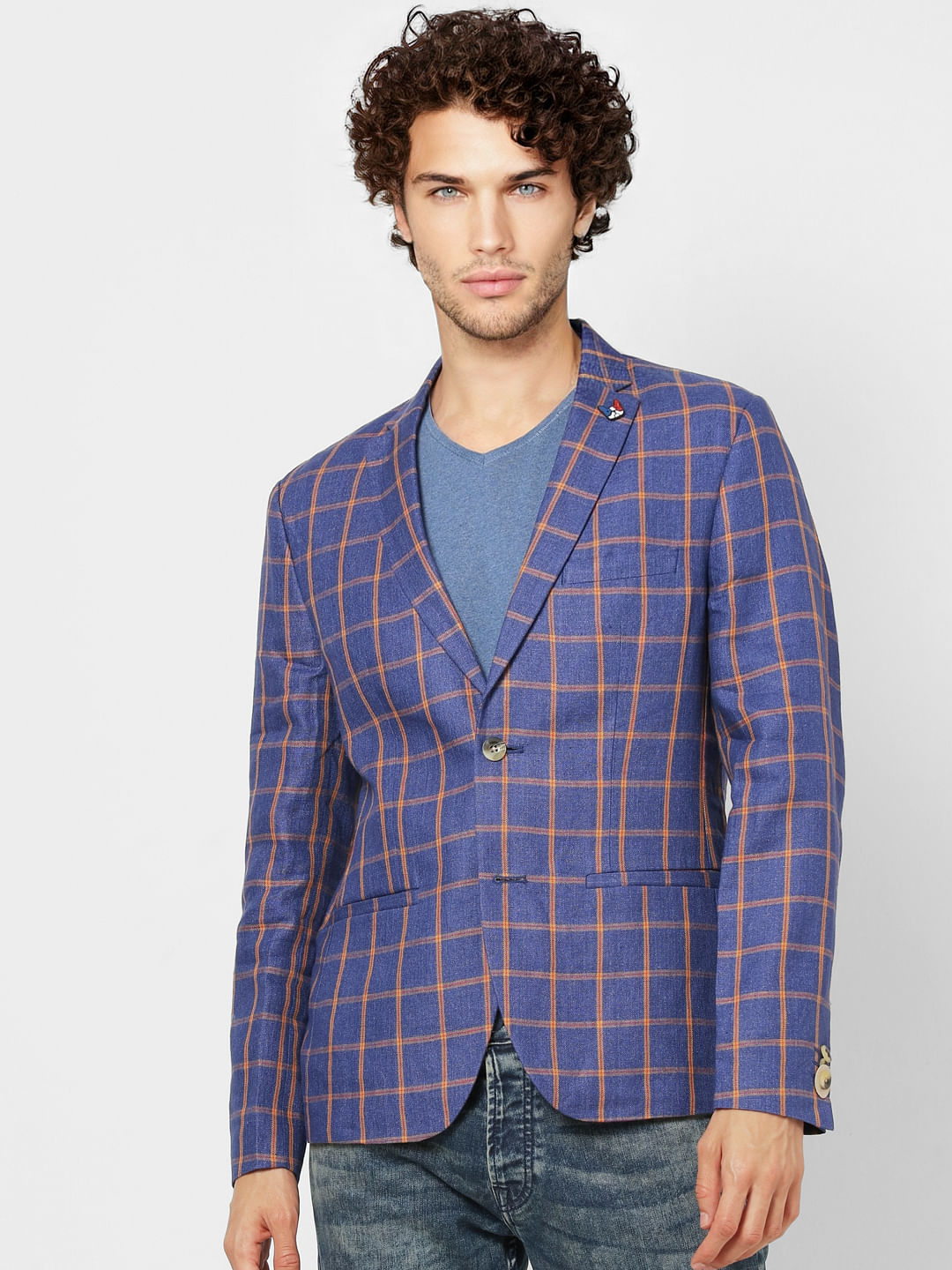 Blue Check Slim Fit Linen Blazer