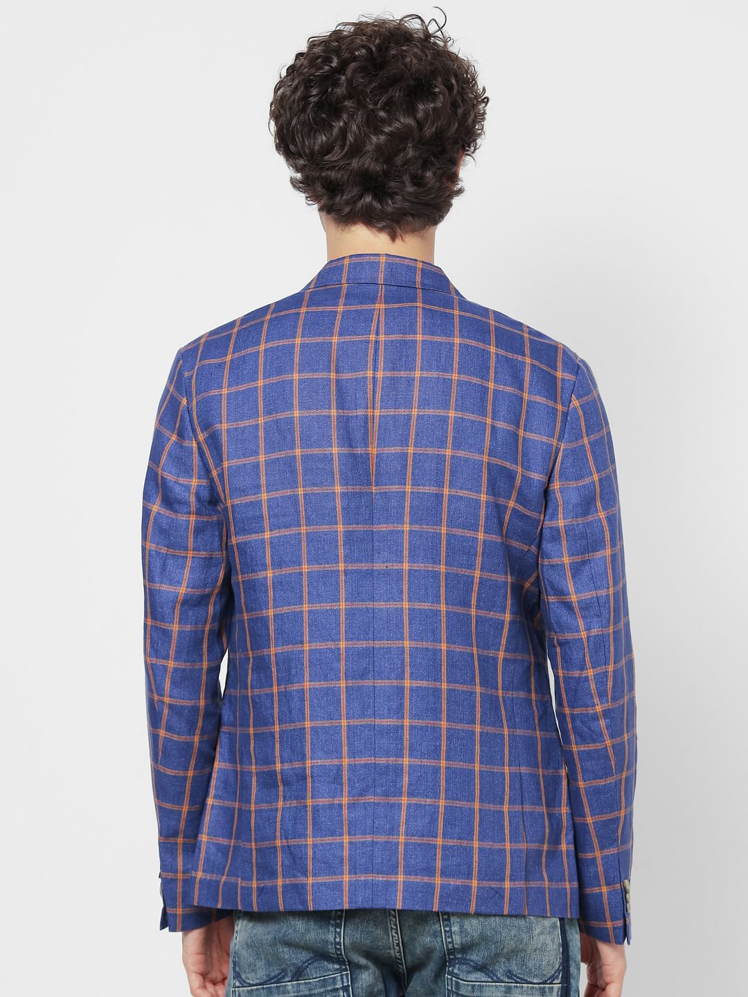 Blue Check Slim Fit Linen Blazer