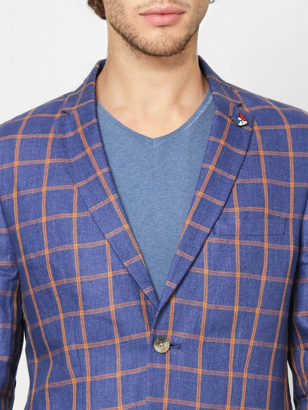 Blue Check Slim Fit Linen Blazer