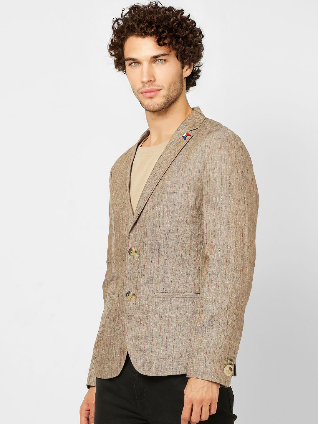 Beige Striped Slim Fit Linen Blazer