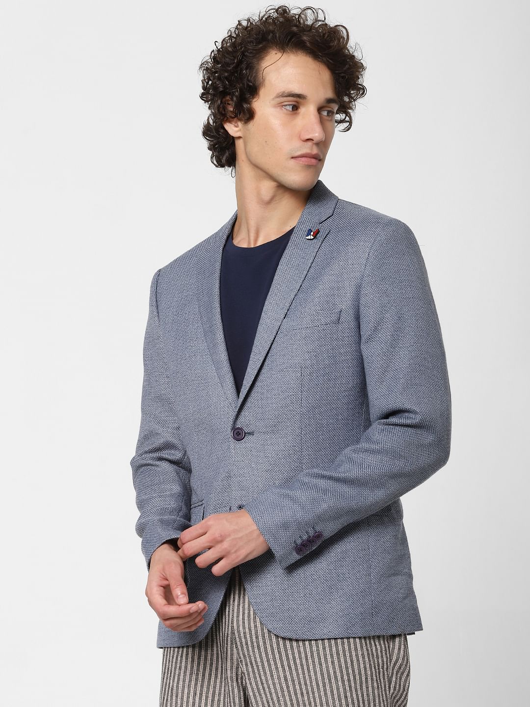 Blue Textured Linen Blazer