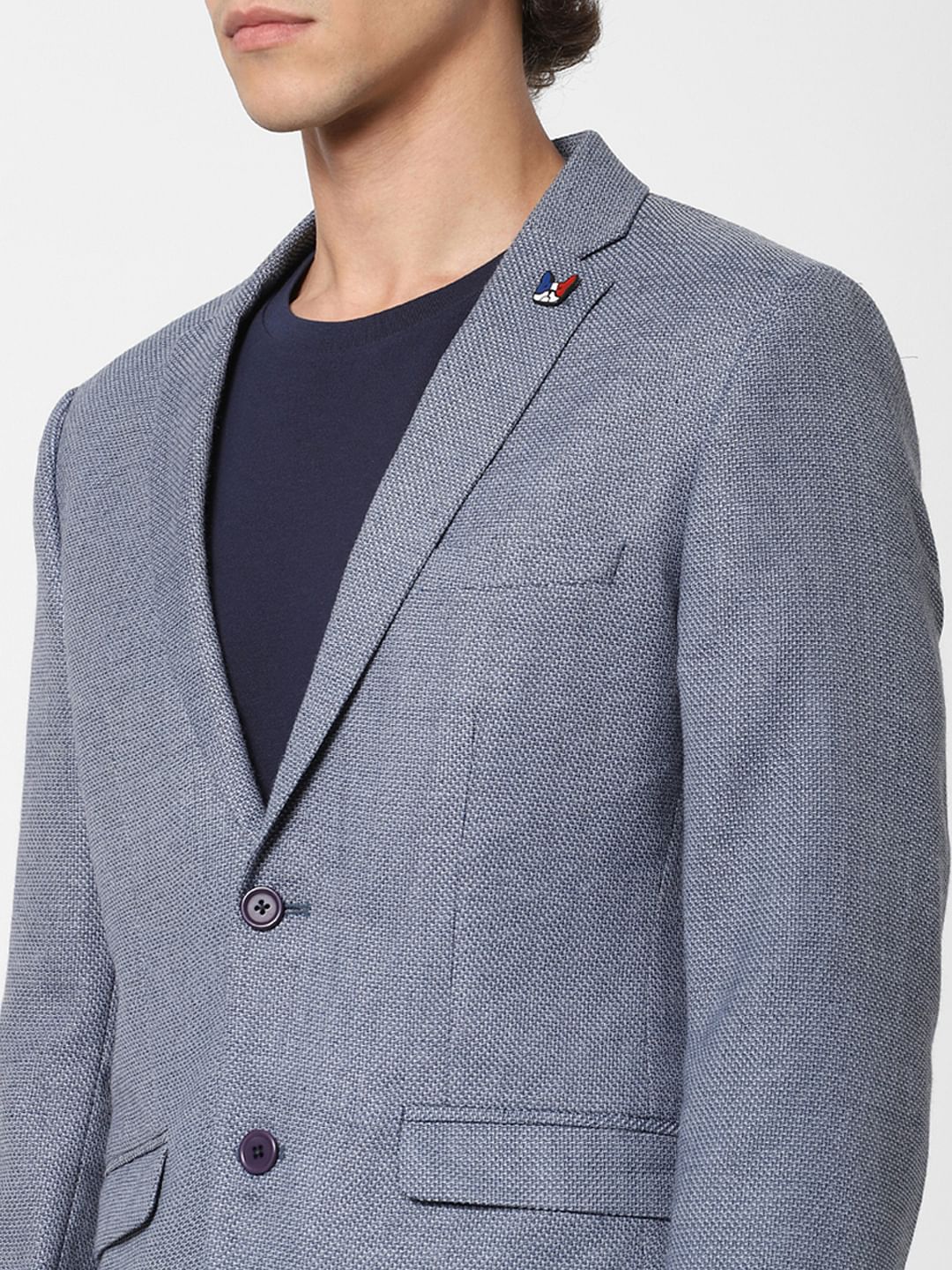 Blue Textured Linen Blazer