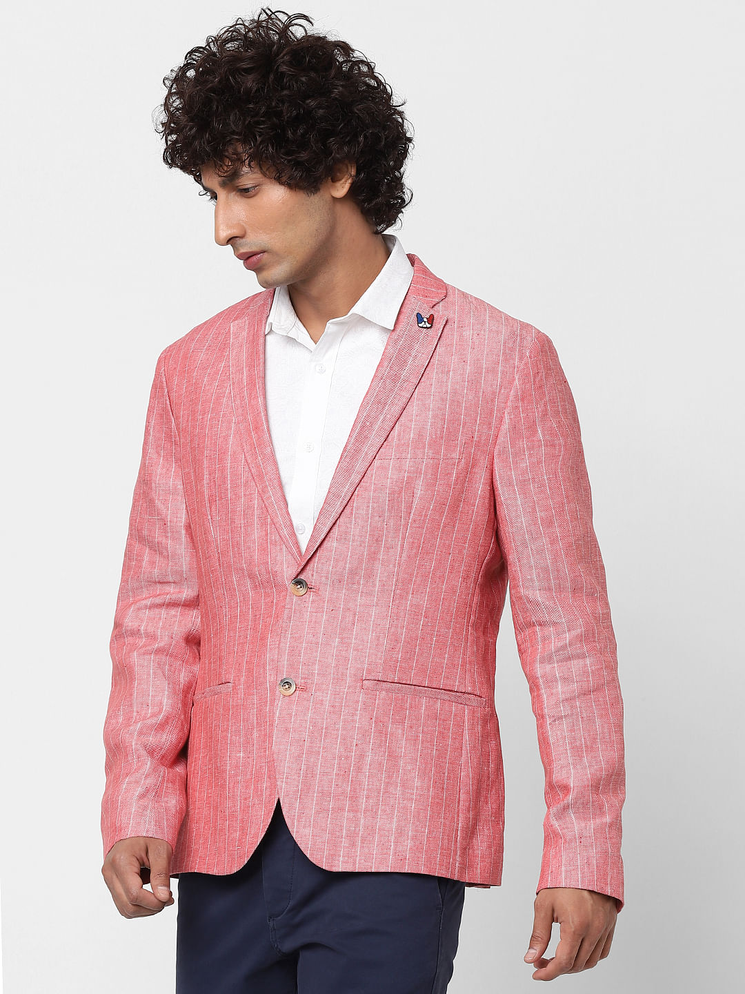 Crimson Striped Slim Fit Linen Blazer