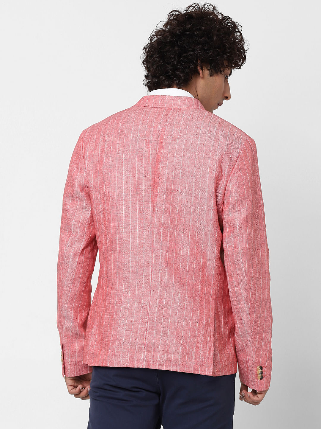 Crimson Striped Slim Fit Linen Blazer