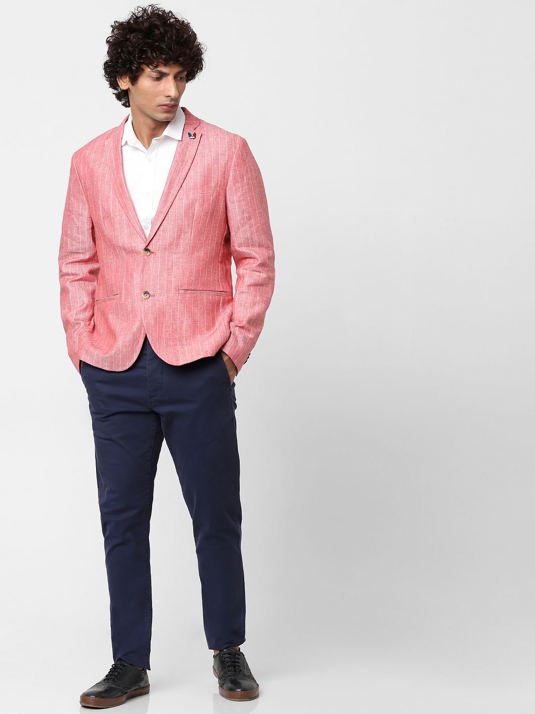 Crimson Striped Slim Fit Linen Blazer