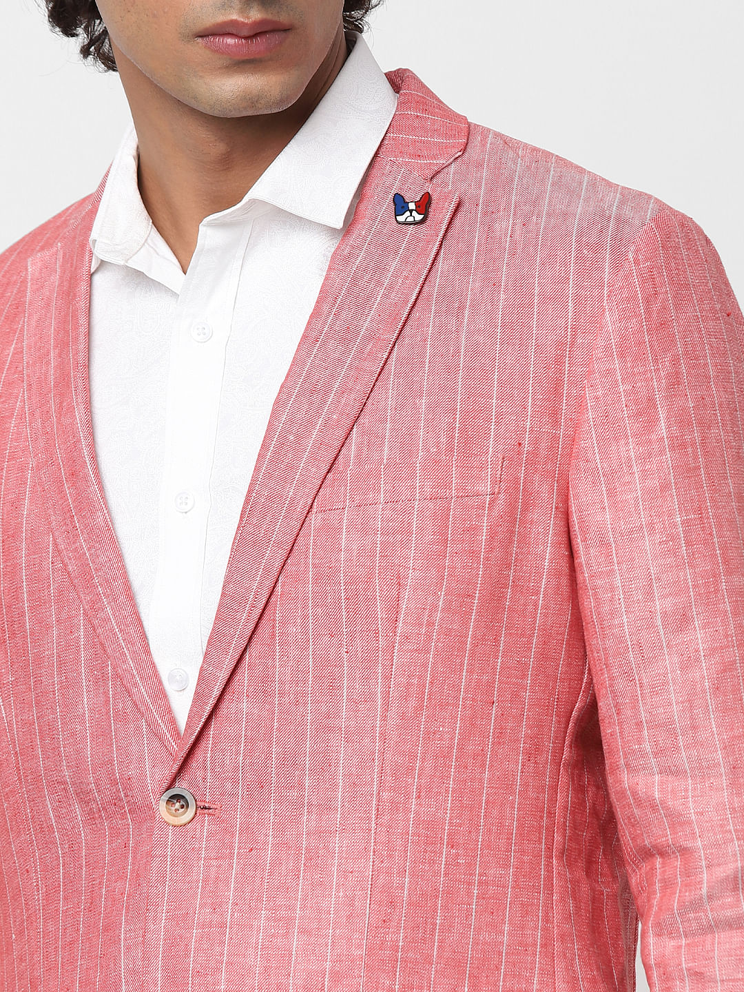 Crimson Striped Slim Fit Linen Blazer