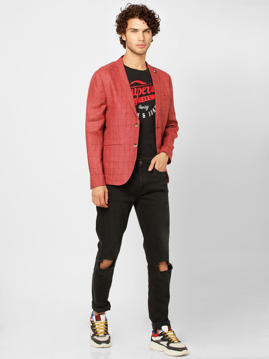 Crimson Check Linen Slim Fit Blazer