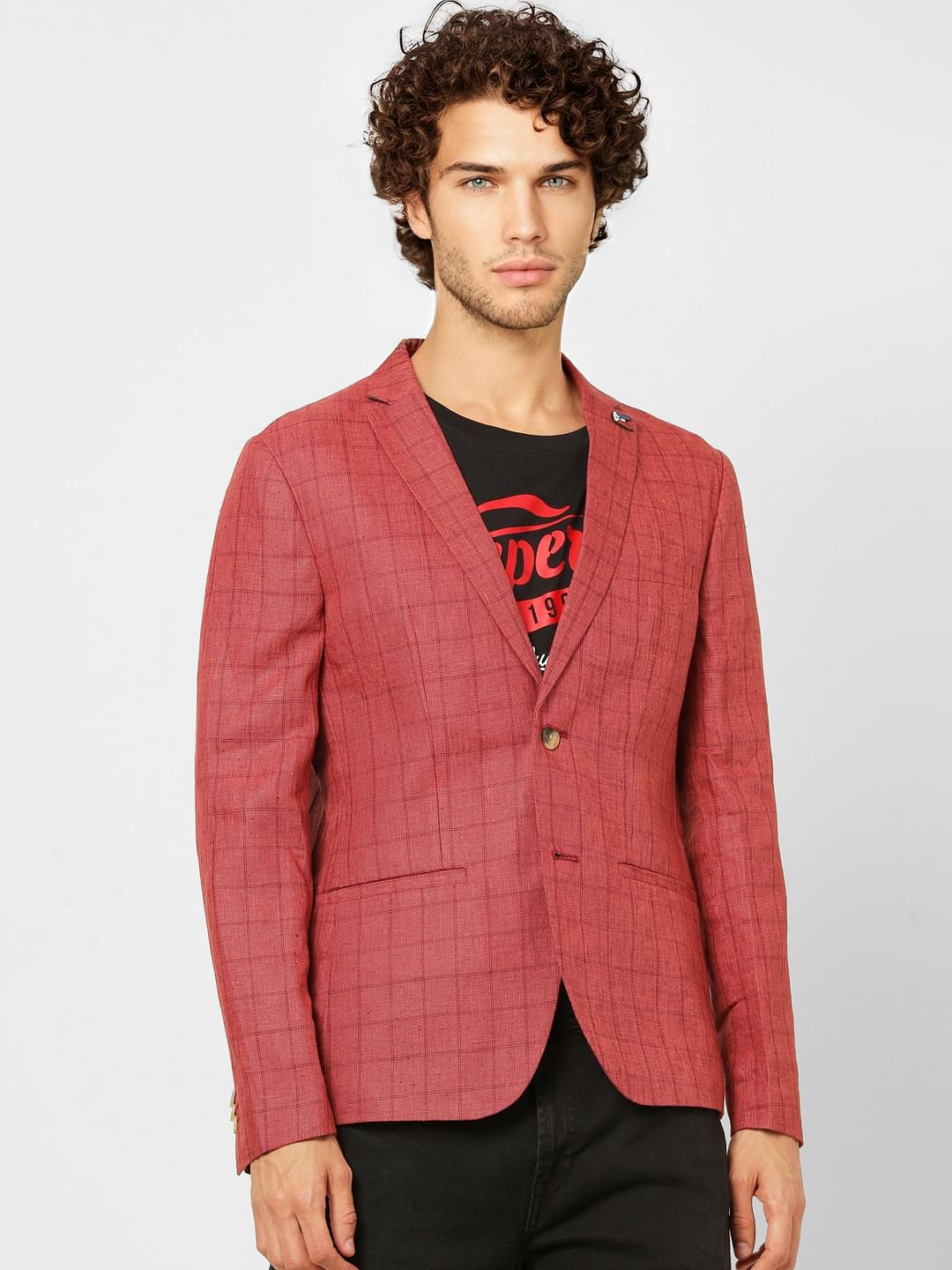 Crimson Check Linen Slim Fit Blazer