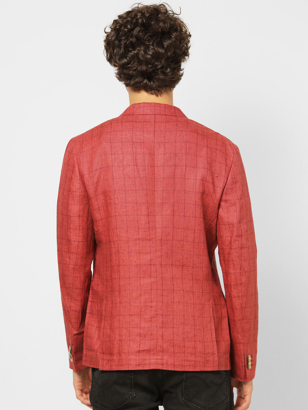 Crimson Check Linen Slim Fit Blazer