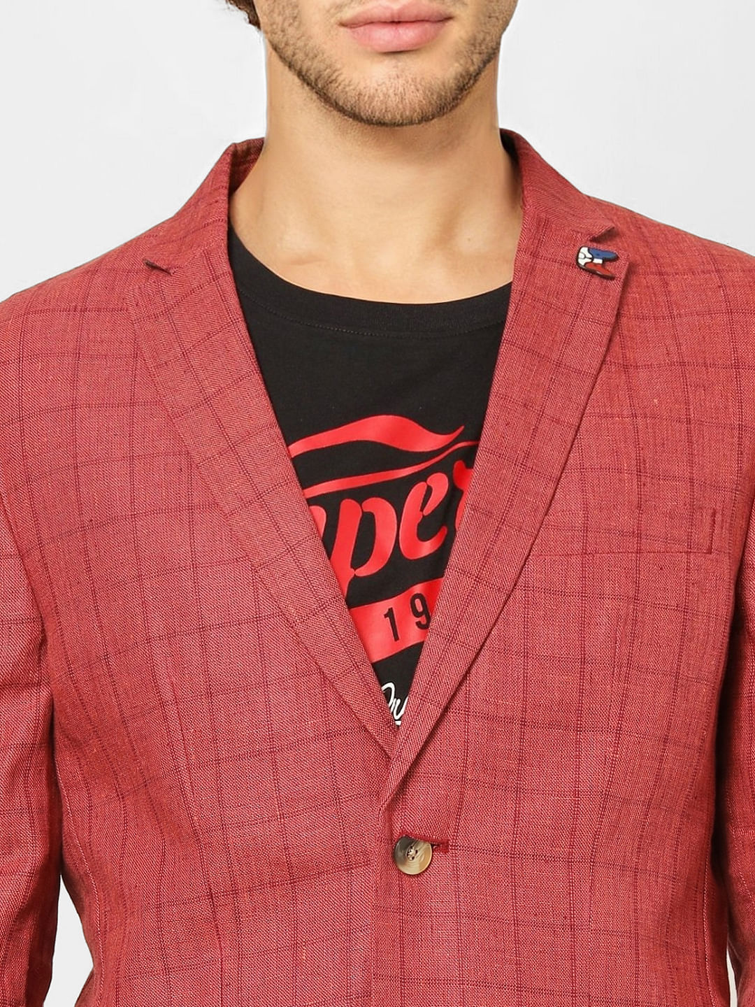 Crimson Check Linen Slim Fit Blazer