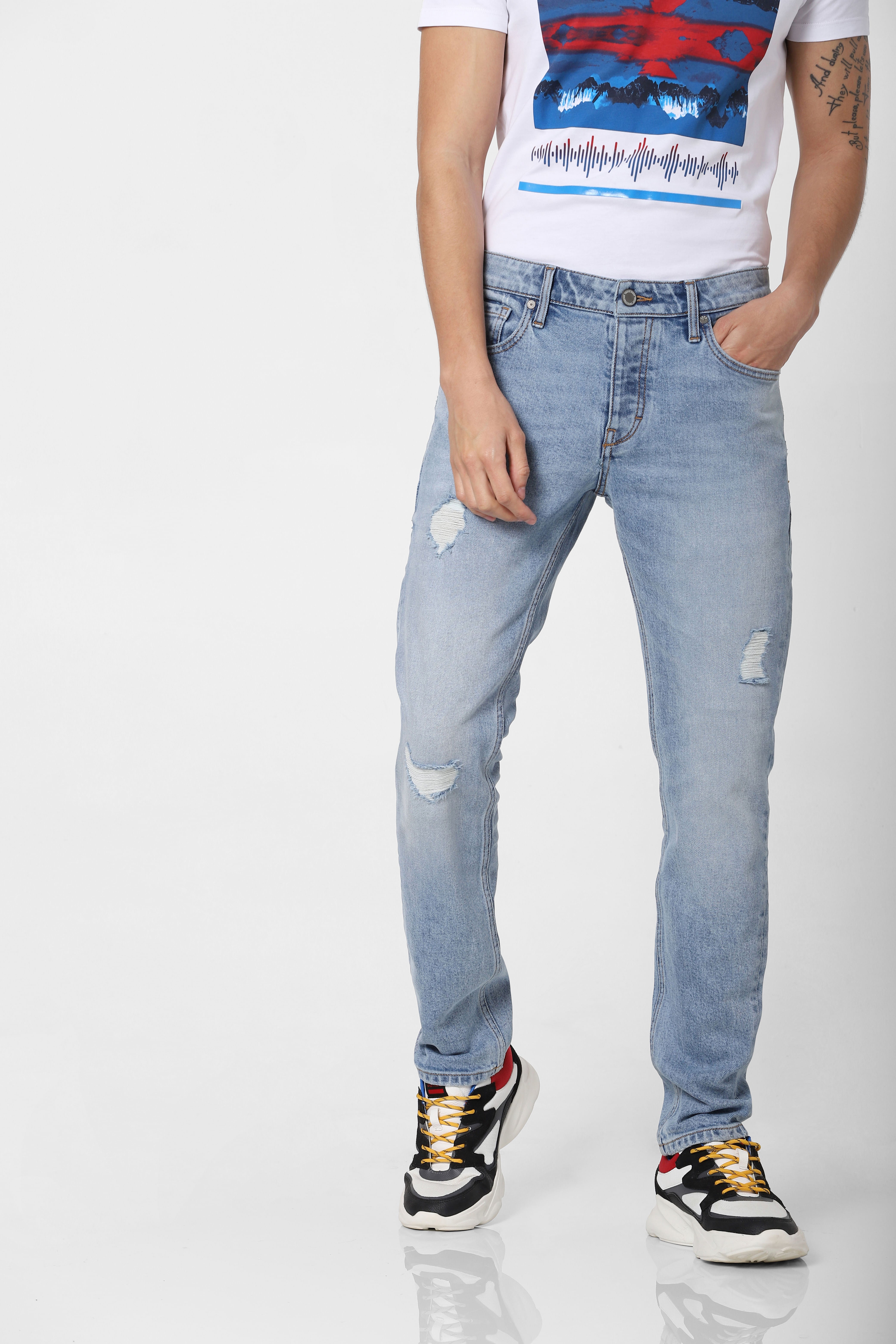 Blue Low Rise Distressed Tim Anti Fit Jeans