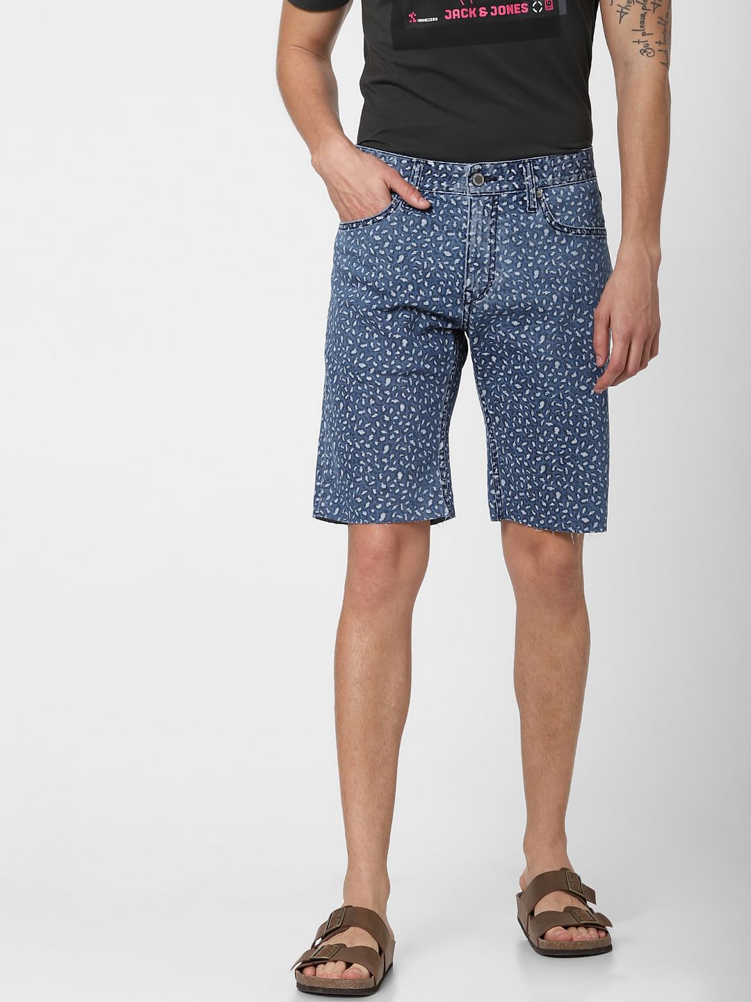 Blue Low Rise All Over Print Denim Shorts
