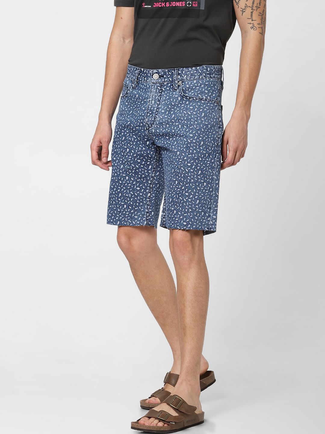 Blue Low Rise All Over Print Denim Shorts